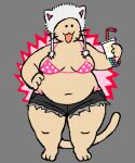 3_toes :3 animal_humanoid barefoot beady_eyes belly belly_overhang big_belly black_bottomwear black_clothing black_eyes black_shorts bottomwear bra bracelet breasts cassi_cat_(cassicat) cassicat cat_humanoid clothed clothing container cup cutoffs deep_navel denim denim_bottomwear denim_clothing digital_media_(artwork) drinking_straw emoticon empty_eyes feet felid felid_humanoid feline feline_humanoid female front_view full-length_portrait green_bracelet grey_background hand_on_hip hat headgear headwear holding_container holding_cup holding_object humanoid jewelry mammal mammal_humanoid markings medium_breasts mole_(marking) multicolored_bra multicolored_clothing multicolored_underwear navel open_mouth overweight overweight_female overweight_humanoid pattern_bra pattern_clothing pattern_topwear pattern_underwear pink_bra pink_bracelet pink_clothing pink_thong pink_underwear portrait shorts simple_background solo spots spotted_bra spotted_clothing spotted_topwear spotted_underwear standing tail tan_body thick_thighs thong toes tongue tongue_out topwear two_tone_bra two_tone_clothing two_tone_underwear underwear whiskers white_bra white_clothing white_hat white_headwear white_underwear wide_hips