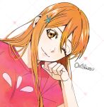  1girl bleach character_name closed_mouth commentary_request eyelashes hair_between_eyes hair_ornament hairclip head_rest heart highres inoue_orihime korean_commentary leaning_to_the_side long_hair looking_at_viewer n_(nauki_11) one_eye_closed orange_eyes orange_hair pink_shirt shirt short_sleeves single_sidelock smile solo upper_body 