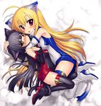  ahoge animal_ears bare_shoulders black_hair blonde_hair boots cat_ears cat_tail detached_sleeves fang hug long_hair multiple_girls open_mouth original red_eyes soraneko+ tail thigh_boots thighhighs wavy_mouth yellow_eyes zipper 