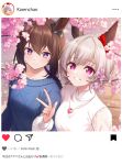  2girls absurdres admire_vega_(umamusume) animal_ears blue_sweater bow brown_hair cherry_blossoms curren_chan_(umamusume) ear_bow ear_covers fake_screenshot grey_hair hair_between_eyes hair_ribbon highres horse_ears horse_girl instagram jewelry long_hair long_sleeves looking_at_viewer low_ponytail multiple_girls necklace purple_eyes red_bow ribbon rukinya_(nyanko_mogumogu) short_hair single_ear_cover sweater umamusume v white_ribbon white_sweater 