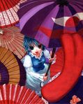  blue_hair from_above heterochromia kabaji karakasa_obake long_tongue parasol purple_umbrella shirt short_hair skirt solo tatara_kogasa tongue tongue_out touhou traditional_media umbrella 