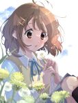  1girl :o black_socks blue_ribbon blush brown_eyes brown_hair collared_shirt flower hair_ornament hairclip highres hirasawa_yui holding holding_flower k-on! kneehighs neck_ribbon omichi_1219 parted_lips ribbon sakuragaoka_high_school_uniform school_uniform shirt short_hair short_sleeves sitting socks solo summer_uniform sweater_vest white_shirt yellow_sweater_vest 