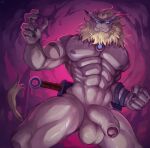abs anthro balls bandai_namco bell bell_collar blonde_hair blue_eyes bodily_fluids clawed claws collar digimon digimon_(species) ejaculation fingers foreskin genital_fluids genitals glans hair hi_res humanoid_genitalia humanoid_penis leomon looking_at_viewer low-angle_view male mane melee_weapon muscular muscular_anthro muscular_male nipples nude nurinaki pecs penis smile smiling_at_viewer solo sword sword_on_back tail weapon