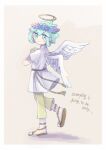  1boy alternate_costume angel angel_wings basil_(headspace)_(omori) basil_(omori) blush brown_footwear closed_mouth fake_halo fake_wings full_body green_eyes grey_hair halo head_wreath highres looking_at_viewer omori pants sandals short_hair smile solo sr_ld_fr wings yellow_pants 