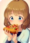  1girl ahoge blue_eyes blue_shirt blush breasts brown_hair dot_nose eating food hands_up holding holding_food holding_pizza idolmaster idolmaster_million_live! idolmaster_million_live!_theater_days light_brown_background long_sleeves looking_at_another looking_down pizza shirt short_hair simple_background small_breasts solo suou_momoko upper_body wavy_hair yoshika_(music480069) 