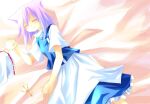  1girl apron asahina blue_hair blue_vest dress hakurei_reimu holding_hands lapel_pin letty_whiterock lying no_headwear on_back purple_hair solo_focus touhou vest waist_apron white_apron wide_sleeves 