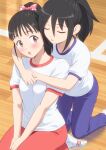  2girls :o black_hair blue_pants blush bow brown_eyes closed_eyes commentary_request english_commentary gym_shirt gym_uniform hair_between_eyes hair_bow highres hirasawa_shizuku hug hug_from_behind ichikawa_masahiro kneeling kuroki_tomoko long_hair mixed-language_commentary multiple_girls open_mouth own_hands_together pants pink_bow polka_dot polka_dot_bow ponytail red_pants shirt shoes short_sleeves sidelocks sitting sneakers socks teeth track_pants upper_teeth_only v_arms watashi_ga_motenai_no_wa_dou_kangaetemo_omaera_ga_warui! white_footwear white_shirt white_socks wooden_floor yuri 