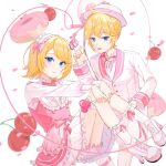  1boy 1girl absurdres blonde_hair blue_eyes bow bowtie buttons candy cherry closed_mouth doughnut dress falling_petals food frilled_dress frilled_socks frills fruit hairband hat heart heart_of_string highres holding holding_candy holding_food holding_lollipop holding_string kagamine_len kagamine_rin lollipop looking_at_viewer nyan2school open_mouth petals pink_bow pink_bowtie pink_dress pink_footwear pink_hairband pink_hat pink_petals pink_theme short_hair siblings smile socks star_(symbol) string suit swept_bangs twins vocaloid white_socks white_suit 