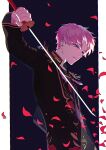  1boy black_jacket blue_eyes border ensemble_stars! half-closed_eyes highres hnd15098770 holding holding_sword holding_weapon itsuki_shu jacket katana long_sleeves male_focus open_mouth petals pillarboxed pink_hair short_hair solo sword weapon white_border 