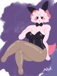 amphibian anthro artxol ascii_(sleepysous) axolotl big_breasts blush breasts bunny_costume clothed clothing costume digital_drawing_(artwork) digital_media_(artwork) fake_ears fake_rabbit_ears female hair hi_res legwear lineless looking_at_viewer marine mole_salamander pink_body pink_hair salamander short_hair signature simple_background sitting solo tail tight_clothing tights