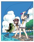  2girls arms_up black_sailor_collar blue_eyes blue_hair blue_sky brown_hair clip_studio_paint_(medium) cloud colored_tips fish fish_request fishing fishing_rod flip-flops full_body hat holding holding_fishing_rod holding_net kantai_collection looking_at_animal mini_hat multicolored_hair multiple_girls nature neckerchief no_pants no_socks open_mouth outdoors river rock sailor_collar sandals school_uniform serafuku shirt short_hair sky sleeves_pushed_up smile speaking_tube_headset standing thick_eyebrows tokitsukaze_(kancolle) tonmoh tree two-handed v-shaped_eyebrows white_hair white_shirt yellow_eyes yellow_neckerchief yukikaze_(kancolle) 