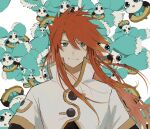  1boy black_shirt buttons closed_mouth commentary_request creature green_eyes hair_between_eyes highres jacket light_smile long_hair luke_fon_fabre meba mieu_(tales) popped_collar red_hair shirt short_sleeves sidelocks spiked_hair tales_of_(series) tales_of_the_abyss upper_body white_jacket 