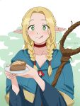  1girl :q absurdres artist_name blonde_hair blue_capelet blue_dress blush braid bright_pupils cake cake_slice capelet choker closed_mouth commentary dress dungeon_meshi elf food forehead green_background green_eyes happy highres holding holding_plate hylran0427 long_hair long_sleeves mage_staff marcille_donato parted_bangs plate pointy_ears red_choker simple_background smile solo tongue tongue_out twin_braids upper_body white_pupils wide_sleeves 