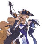  2girls ascot bare_shoulders black_flower black_gloves black_hat black_rose blonde_hair blue_ascot blue_eyes blue_gemstone blue_hair blue_hat bodice cape clorinde_(genshin_impact) corset dark_blue_hair detached_sleeves dress drill_hair drill_sidelocks epaulettes flower gem genshin_impact gloves gold_trim_bow hat hat_feather hat_flower highres holding jewelry kunniho lace-trimmed_collar lace_trim long_hair low_ponytail multiple_girls navia_(genshin_impact) purple_eyes rose ship&#039;s_wheel_ornament shirt sidelocks simple_background smile strapless strapless_dress tricorne very_long_hair vision_(genshin_impact) white_background white_gloves white_shirt 