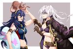  2girls absurdres bikini blue_bikini blue_eyes blue_hair blush brand_of_the_exalt breasts brown_eyes brown_gloves cleavage coat coat_on_shoulders fire_emblem fire_emblem_awakening fire_emblem_cipher fire_emblem_heroes gloves hair_between_eyes highres holding holding_swim_ring innertube long_hair lucina_(fire_emblem) mother_and_daughter multiple_girls navel octopus open_mouth purple_bikini robin_(female)_(fire_emblem) robin_(female)_(summer)_(fire_emblem) robin_(fire_emblem) second-party_source shaded_face swim_ring swimsuit symbol_in_eye teeth tiara twintails upper_body upper_teeth_only villager_c white_hair 