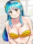  1girl animal_print bikini breasts cleavage collarbone green_hair highres horns kenken28937178 large_breasts long_hair looking_at_viewer lum oni smile solo swimsuit tiger_print urusei_yatsura yellow_eyes 