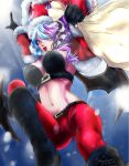 2018 arc_lauren big_breasts boots bottomwear breasts christmas christmas_clothing cleavage clothed clothing demon demon_humanoid eyewear female footwear glasses hair hi_res holding_bag holidays horn humanoid midriff multicolored_hair navel nipple_outline not_furry pants shaded signature snow solo vivica_(akukun) wings