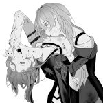  2girls arms_around_waist blood blood_on_clothes blood_on_face closed_eyes coat coat_on_shoulders collared_shirt commentary_request d0600059994959 gloves greyscale hand_on_own_face highres honkai:_star_rail honkai_(series) hug jewelry kafka_(honkai:_star_rail) korean_commentary long_hair long_sleeves looking_at_another monochrome multiple_girls multiple_rings off_shoulder open_mouth parted_lips ring shirt smile stelle_(honkai:_star_rail) trailblazer_(honkai:_star_rail) yuri 