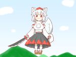  1girl :3 animal_ears bare_shoulders black_skirt blush breasts closed_mouth cloud detached_sleeves flying geta grass hat holding holding_sword holding_weapon inaba-no-sirousagi inubashiri_momiji large_breasts looking_at_viewer navel outdoors pom_pom_(clothes) red_eyes ribbon-trimmed_sleeves ribbon_trim shirt short_hair skirt sky smile socks solo sword tail tengu-geta tokin_hat touhou weapon white_hair wolf_ears wolf_girl wolf_tail 