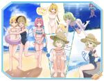  4girls :o ^_^ absurdres ahoge beach bikini black_hairband black_one-piece_swimsuit blonde_hair bubble closed_eyes cloud diving fang feet food freediving frilled_bikini frills green_eyes green_hair hairband hat hat_ribbon highres holding holding_food holding_popsicle ibuki_suika innertube komeiji_koishi komeiji_satori medium_hair mizuhashi_parsee mizuparu multiple_girls navel ocean one-piece_swimsuit open_mouth pink_eyes pink_hair popsicle ribbon school_swimsuit seashell shell siblings sisters sitting smile squatting starfish straw_hat suikawari sun_hat swim_ring swimming swimsuit third_eye toes touhou underwear yellow_eyes yellow_ribbon 