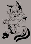  1girl animal_ears bow braid cat_ears cat_tail chups dress extra_ears full_body hair_bow high_collar high_contrast highres kaenbyou_rin long_hair looking_at_viewer monochrome multiple_tails nekomata open_mouth side_braids simple_background sitting solo tail touhou twin_braids two_tails 