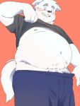 2024 anthro belly big_belly blush canid canine canis clothed clothing clothing_lift domestic_dog hi_res humanoid_hands inunoshippo kemono male mammal moobs navel nipples overweight overweight_male shirt shirt_lift simple_background solo topwear underwear
