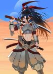  1girl bandaged_arm bandages black_hair desert dual_wielding gemi_ningen hair_between_eyes hair_ribbon highres holding isekai_samurai katana kenshi lamellar_armor long_hair midriff ponytail puffy_pants red_eyes red_ribbon ribbon sand scar scar_on_face solo sword tsukitsuba_ginko wakizashi weapon 