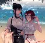  2girls bare_arms beach belt black_hair black_pants chinese_commentary closed_eyes closed_mouth collared_shirt commentary_request dress ear_piercing earrings eyewear_on_head falling_leaves gradient_hair grey_eyes hand_in_own_hair hand_up highres jewelry leaf locked_arms long_hair long_sleeves looking_at_viewer miix777 multicolored_hair multiple_girls ocean outdoors pants parted_lips path_to_nowhere piercing pink-tinted_eyewear ponytail rahu_(path_to_nowhere) red_hair sand shalom_(path_to_nowhere) shirt shore sidelocks sleeveless sleeveless_dress sunglasses tinted_eyewear twitter_username upper_body white_dress white_hair white_shirt 