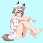  1girl absurdres animal_ears bare_shoulders barefoot blue_eyes blush breasts cheval_grand_(umamusume) cleavage closed_mouth commentary_request ear_covers feet hair_between_eyes hakutaqanta hat highres horse_ears horse_girl horse_tail knees_up light_blue_background looking_at_viewer medium_breasts multicolored_hair off_shoulder peaked_cap shirt simple_background solo streaked_hair swimsuit tail toes umamusume white_hair white_shirt 
