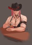  1girl alternate_muscle_size biceps black_choker bodice breasts choker cleavage cowboy cowboy_hat cowboy_western hat hat_ornament highres hololive hololive_english iskaydi large_breasts long_hair low-cut mori_calliope mori_calliope_(sheriff) muscular muscular_female official_alternate_costume pink_hair red_eyes sheriff sheriff_badge shirt skull_choker skull_hat_ornament skull_ornament solo virtual_youtuber white_shirt 