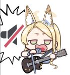  1girl alternate_costume animal_ears aoyamapink blonde_hair blue_archive cruciform_halo electric_guitar flower_wreath forehead fox_ears gradient_eyes guitar halo holding holding_guitar holding_instrument holding_microphone instrument microphone multicolored_eyes music mute_speaker_sign open_mouth screaming seia_(blue_archive) singing upper_body white_background 