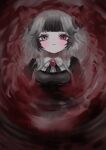  1girl ambiguous_red_liquid animal_ears black_dress brooch cat_ears closed_mouth dress grey_eyes grey_hair heterochromia highres jewelry long_hair looking_at_viewer mole mole_under_mouth original partially_submerged red_eyes ripples shiona_(siona0625) solo straight-on upper_body 