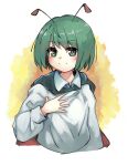  1girl antennae black_cape blush cape closed_mouth collared_shirt commentary_request derivative_work flat_chest ginnkei green_eyes green_hair hand_on_own_chest long_sleeves looking_at_viewer loose_clothes loose_shirt medium_bangs red_cape redrawn shirt short_hair smile solo touhou two-sided_cape two-sided_fabric upper_body white_shirt wriggle_nightbug 