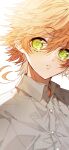  1girl buttons collared_shirt emma_(yakusoku_no_neverland) looking_to_the_side orange_hair parted_lips sapphire_(nine) shirt short_hair simple_background solo upper_body white_background white_shirt yakusoku_no_neverland 