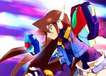  1boy amulet bad_id bad_twitter_id biometal blue_jacket bodysuit bracelet brown_hair gloves green_eyes jacket jewelry kon_(kin219) long_hair male_focus mega_man_(series) mega_man_zx mega_man_zx_advent model_x_(mega_man) model_z_(mega_man) necklace pants robot_ears shorts smile solo spandex vent_(mega_man) white_pants 