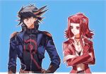  ... 1boy 1girl animated animated_gif bad_id bad_lofter_id black_hair black_jacket blonde_hair blue_background blue_eyes blue_jacket border breasts brown_eyes brown_gloves choker cleavage collarbone crossed_arms duel_academy_uniform_(yu-gi-oh!_5d&#039;s) facial_mark fudo_yusei gloves hair_between_eyes hair_intakes hand_on_own_hip izayoi_aki jacket jewelry long_sleeves looking_at_another medium_breasts multicolored_hair naoki_(2rzmcaizerails6) open_clothes open_jacket outline pendant pink_background print_jacket red_choker red_hair red_jacket sidelocks spiked_hair split_screen two-tone_hair upper_body white_border yu-gi-oh! yu-gi-oh!_5d&#039;s zipper 