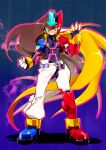  1boy armor blonde_hair blue_background blue_footwear blue_jacket boots brown_hair clenched_hand cropped_jacket forehead_jewel full_body glowing green_eyes henshin highres jacket kon_(kin219) long_hair mega_man_(series) mega_man_zx mega_man_zx_advent model_zx_(mega_man) neon_trim pants parted_lips power_armor red_footwear red_helmet red_jacket shoes smile solo teeth vent_(mega_man) white_pants 