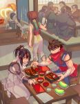  1girl 6+boys blue_eyes blue_hair braid brown_hair chopsticks dated eating fish_(food) funko_pop grilled_eel highres holding holding_chopsticks holding_tray leo_tail long_hair male_focus multiple_boys orange_eyes ponytail red_scarf scarf short_hair sitting solo_(strider) strider_(video_game) strider_hien strider_hiryuu ton_pooh tray twin_braids twitter_username white_scarf 