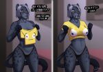 anthro breasts bulging_smiley_shirt_meme clothing dialogue fangs felid female front_view fur grey_body grey_fur grey_hair hair hi_res mammal markings meme meme_clothing midriff navel saber-toothed_tiger shirt smile solo spots spotted_body spotted_fur t-shirt teeth thong topwear underwear yellow_eyes yonivi