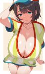  1girl absurdres alternate_breast_size blue_eyes breasts brown_hair cleavage collarbone hair_between_eyes hand_on_another&#039;s_head hat highres hololive large_breasts looking_at_viewer multicolored_shirt ni_tamago_sando oozora_subaru shirt short_hair short_sleeves simple_background solo thighs two-tone_background virtual_youtuber 