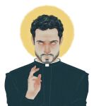  1boy beard black_hair bright_pupils cassock clerical_collar expressionless facial_hair full_beard halo male_focus mature_male priest short_hair simple_background single_tear solo straight-on the_exorcist the_exorcist_(tv_series) tomas_ortega upper_body wavy_hair weardes white_pupils 