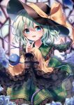  1girl absurdres black_hat blouse blue_eyes bow eyeball flower frilled_shirt_collar frilled_sleeves frills green_hair green_skirt hat hat_bow hat_ribbon heart heart_of_string highres komeiji_koishi pudding_(skymint_028) ribbon shirt skirt solo third_eye touhou upper_body wide_sleeves yellow_bow yellow_ribbon yellow_shirt 