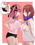  2girls absurdres arms_behind_back black_bra black_panties black_ribbon blue_eyes blunt_bangs bra breasts brown_hair butterfly_hair_ornament commentary_request eye_contact from_side go-toubun_no_hanayome hair_ornament hand_on_own_hip headphones headphones_around_neck highres large_breasts long_hair looking_at_another marimo_625 medium_hair multiple_girls nakano_miku nakano_nino panties pink_background pink_hair pink_tank_top poking profile ribbon shirt siblings sideboob sisters sleeveless sleeveless_shirt speech_bubble tank_top twins two_side_up underwear white_shirt 