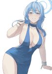  1girl absurdres ako_(blue_archive) ako_(dress)_(blue_archive) backless_dress backless_outfit bare_shoulders blue_archive blue_dress blue_eyes blue_hair blush bracelet breasts chain cleavage covered_navel cuffs dress grin hair_between_eyes hairband halo highres jewelry large_breasts looking_at_viewer medium_hair ref_(pmxt4483) shackles sideboob smile solo thighs 
