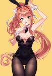  1girl animal_ears bare_shoulders black_necktie bow breasts brown_hair covered_navel doki_doki_literature_club green_eyes hair_bow hand_up highres medium_breasts monika_(doki_doki_literature_club) necktie pantyhose playboy_bunny ponytail rabbit_ears shimayaeiko solo tongue tongue_out white_bow wrist_cuffs 