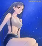  2011 bad_id bad_pixiv_id black_hair breasts brown_eyes commentary_request dated final_fantasy final_fantasy_vii ginko_(silver_fox) large_breasts long_hair midriff night night_sky pencil_skirt sitting skirt sky smile solo star suspender_skirt suspenders tifa_lockhart watermark web_address 