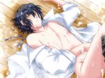  after_sex aftersex black_hair bottomless cum cum_on_body cum_on_boy gilbert_nightray golden_eyes lying male male_focus man on_back open_clothes open_shirt pandora_hearts shirt yaoi yellow_eyes 