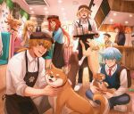  3girls 6+boys animal_ears bennett_(genshin_impact) black_shirt blonde_hair blue_eyes blue_hair blue_shirt blue_vest breasts brown_fur brown_hat cafe chalseu chongyun_(genshin_impact) closed_mouth cyno_(genshin_impact) diluc_(genshin_impact) dog dog_tail fox_ears genshin_impact highres kaveh_(genshin_impact) labrador_retriever long_hair medium_breasts multiple_boys multiple_girls navia_(genshin_impact) necktie nilou_(genshin_impact) open_mouth ponytail red_eyes red_hair red_necktie shiba_inu shirt smile tail thoma_(genshin_impact) tighnari_(genshin_impact) tongue vest white_shirt yoimiya_(genshin_impact) 