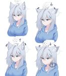  1girl 1other ? ahoge animal_ears aqua_eyes arrow_(symbol) blue_archive blue_hoodie cropped_torso disembodied_limb grey_hair highres hood hoodie looking_ahead mismatched_pupils prank shiroko_(blue_archive) shiroko_terror_(blue_archive) skyrain315 spoken_question_mark wolf_ears 