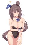  absurdres admire_vega_(umamusume) animal_ears arm_under_breasts black_leotard breasts brown_hair detached_collar ear_covers frown hakutaqanta hand_on_own_thigh highres holding_own_arm horse_ears horse_girl horse_tail large_breasts leotard looking_at_viewer purple_eyes simple_background single_ear_cover strapless strapless_leotard sweat tail umamusume white_background wrist_cuffs 
